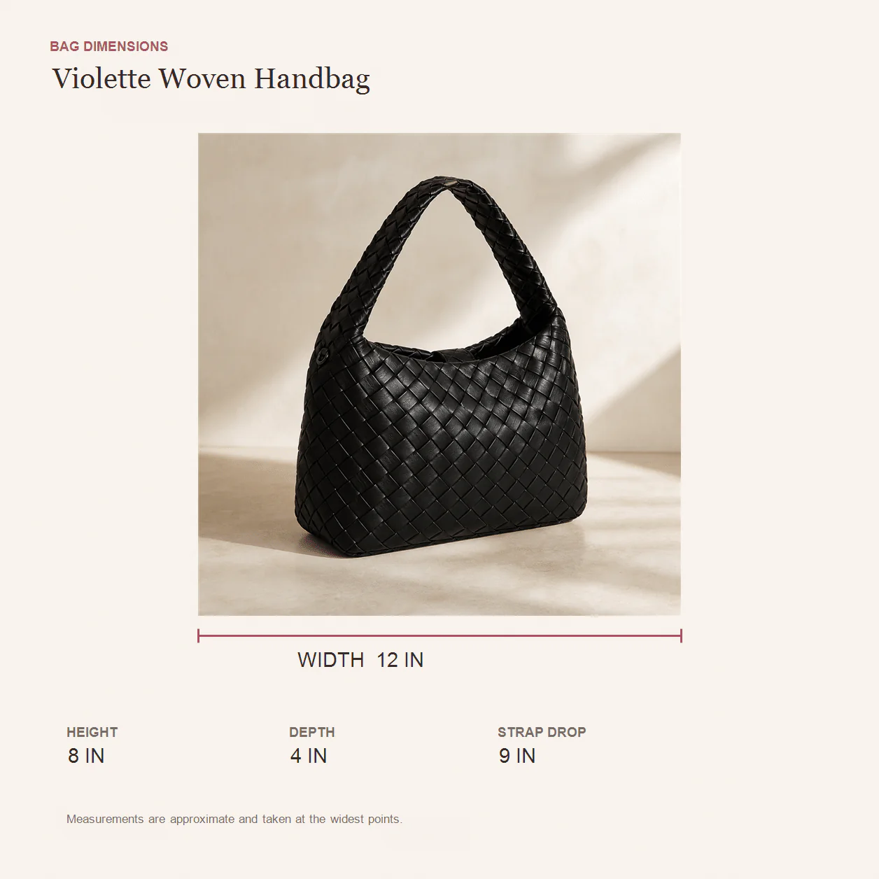 Violette Woven Handbag size guide
