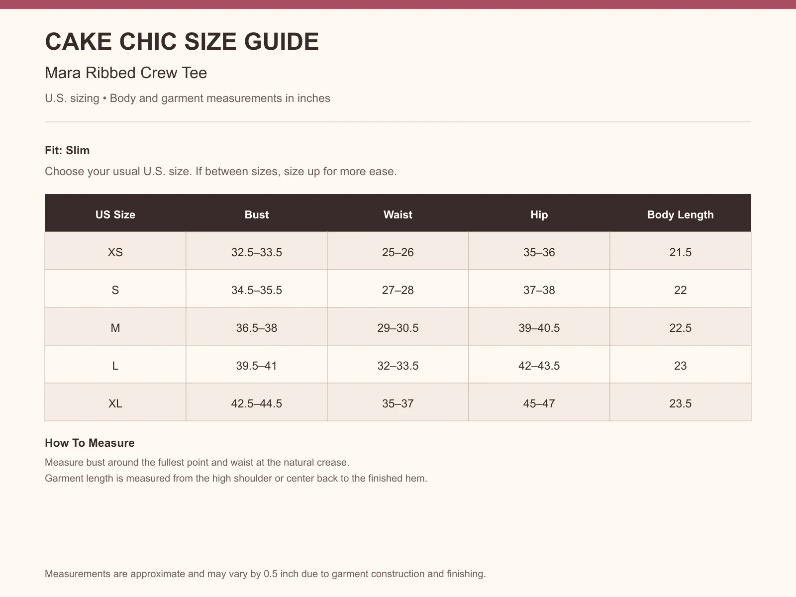 Mara Ribbed Crew Tee size guide
