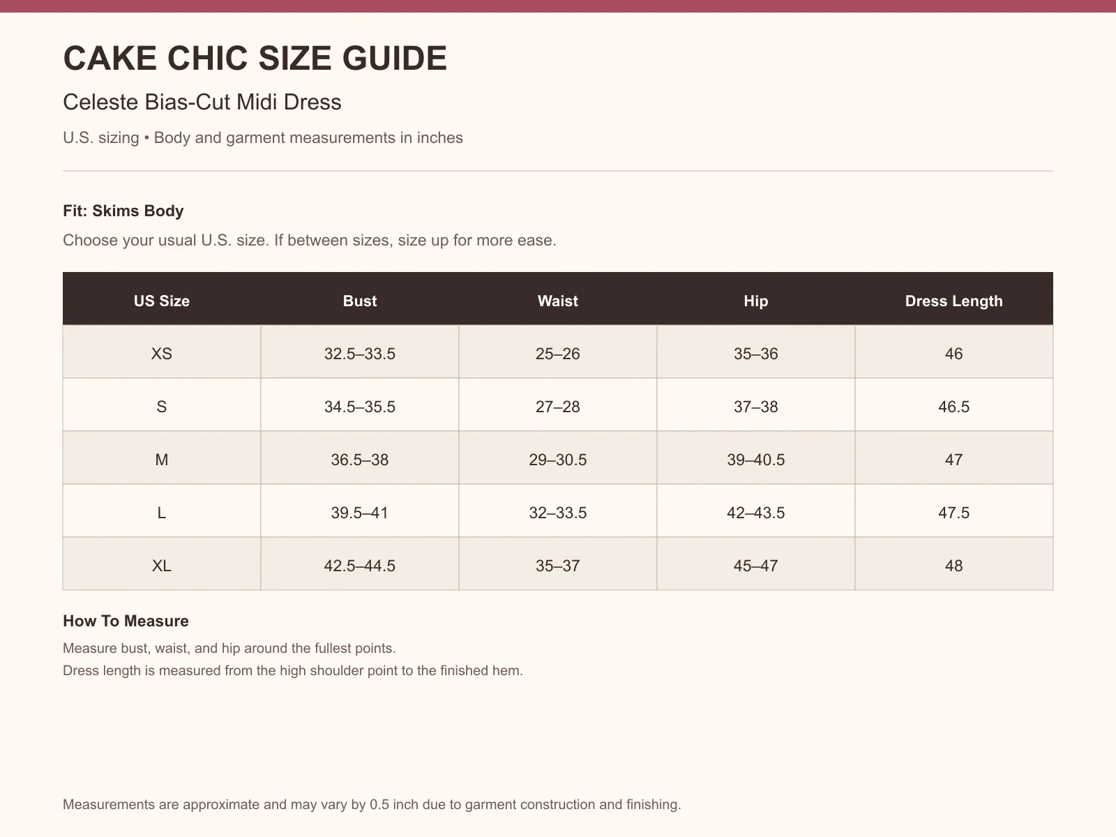 Celeste Bias-Cut Midi Dress size guide