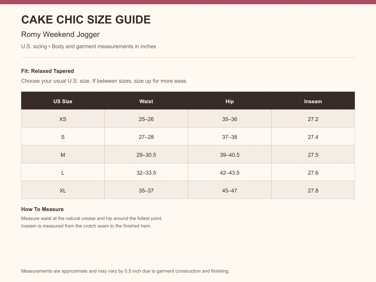 Romy Weekend Jogger size guide