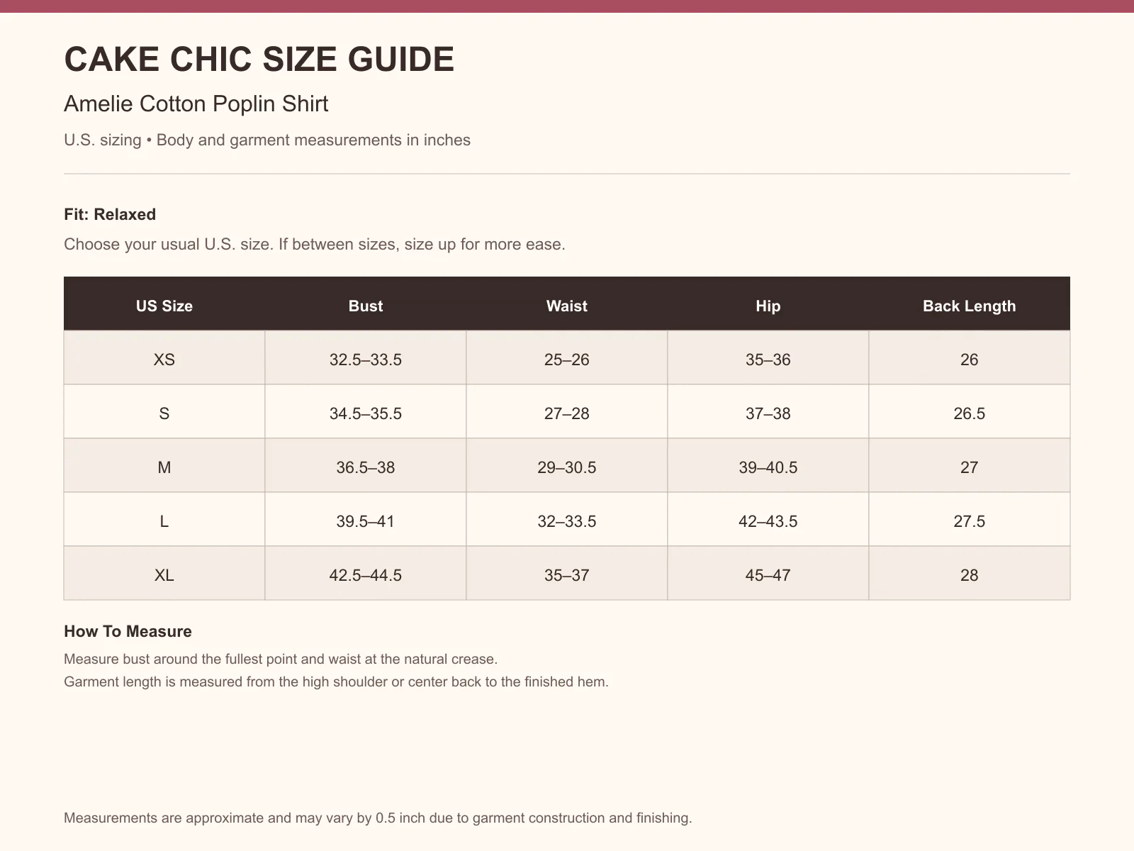 Amelie Cotton Poplin Shirt size guide
