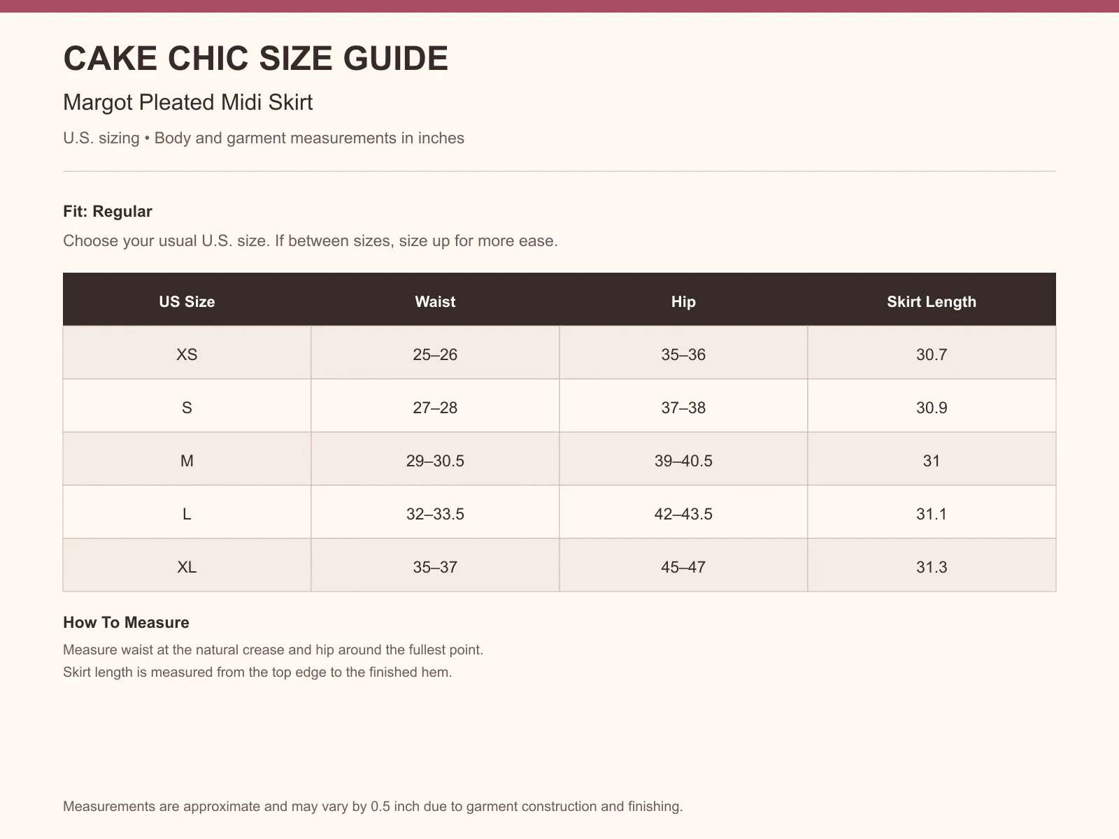 Margot Pleated Midi Skirt size guide