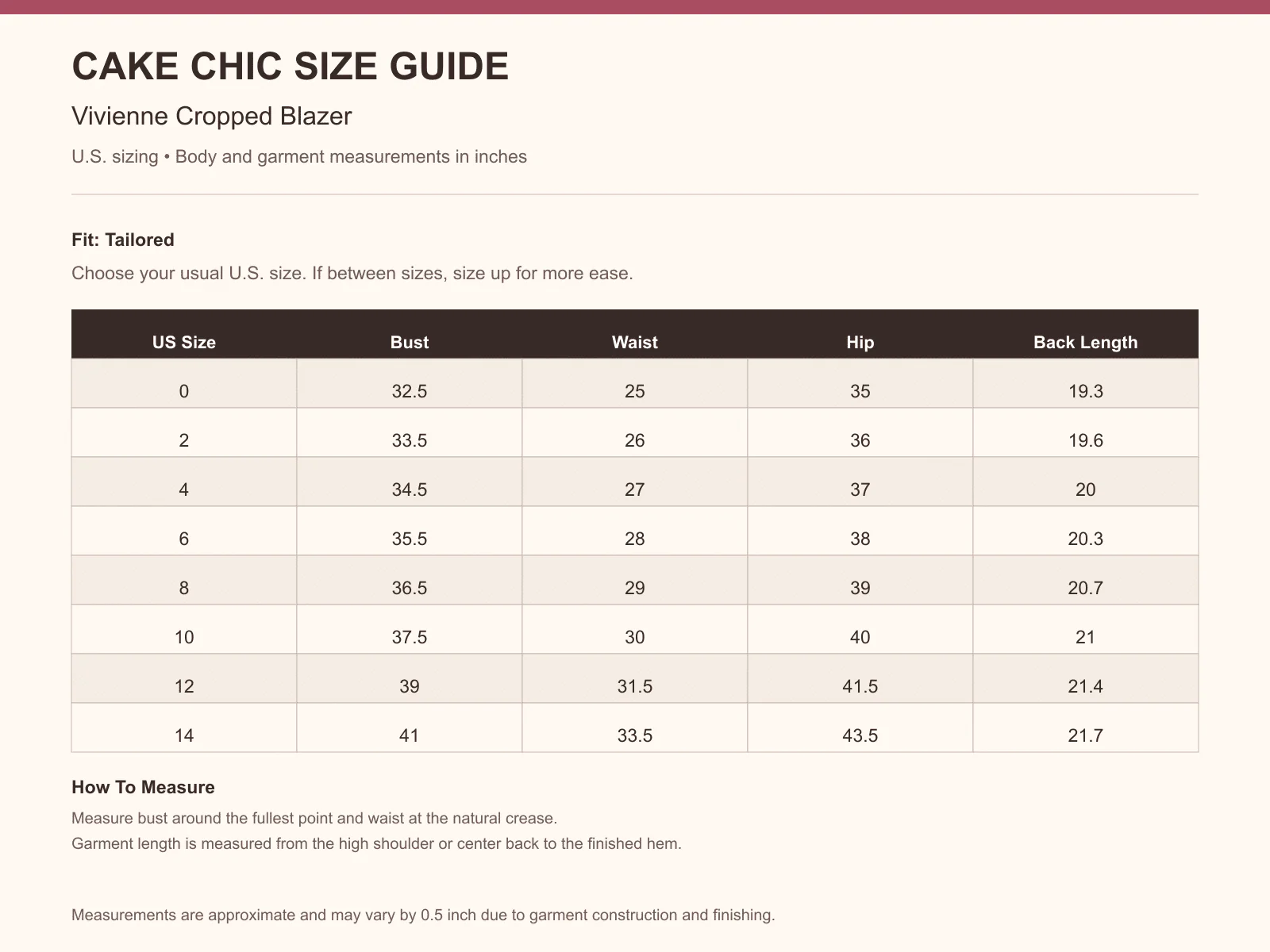 Vivienne Cropped Blazer size guide
